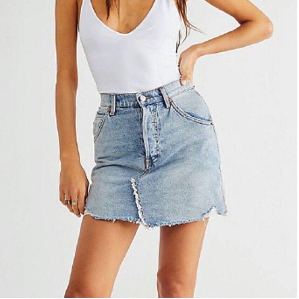 Distressed Denim Button-Up Skirt We The Free